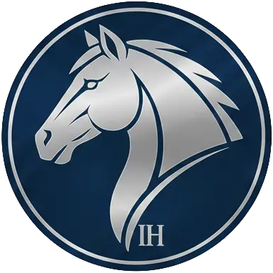 Iron Horse logo - silver horse head logo on a blue background with the words Iron Horse